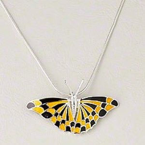 BUTTERFLY, SILVER PLATED BRASS & ENAMEL NECKLACE, ORANGE & BLACK, 43x25mm PENDAN